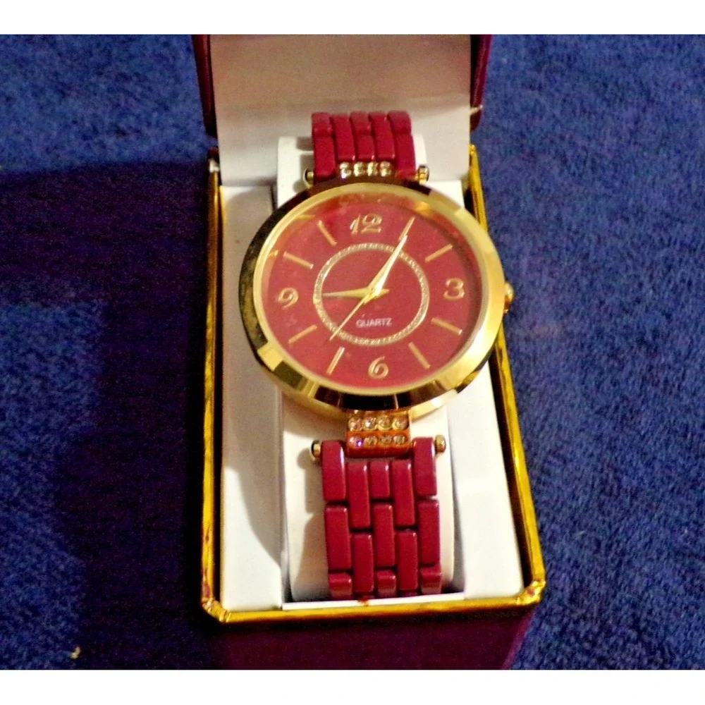 Geneva Maroon & Gold Tone Women's Wristwatch 9